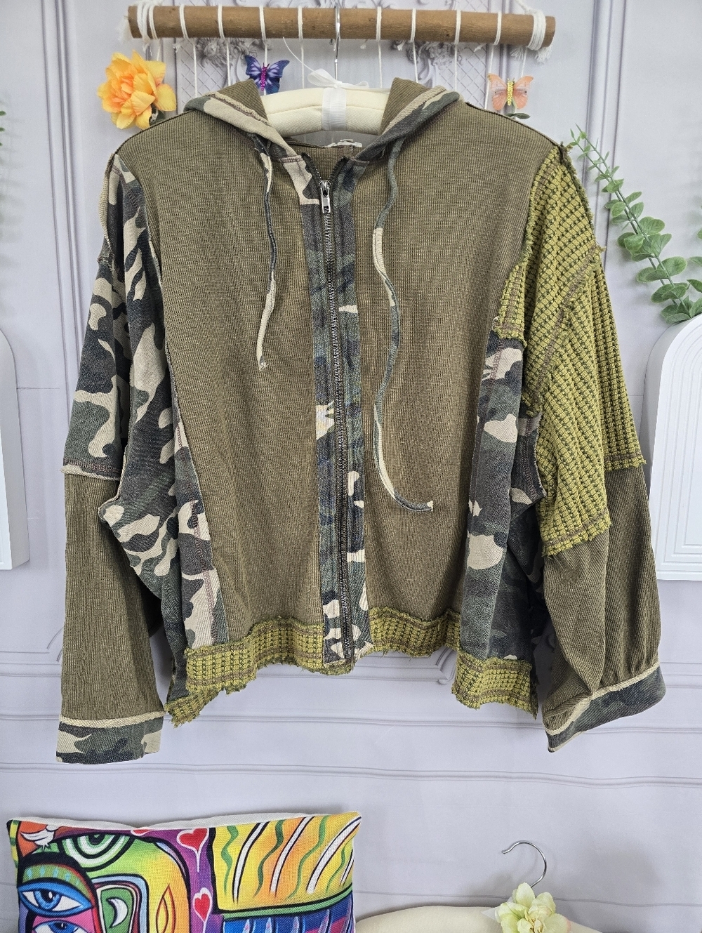 POL Mixed Media Patchwork Camo Waffle Knit Zip-Up Hoodie - Picture 3 of 16